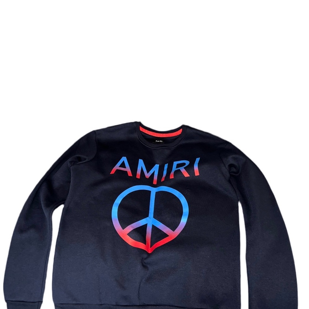 AMIRI Black Crewneck Sweater with Red and Blue Peace Symbol